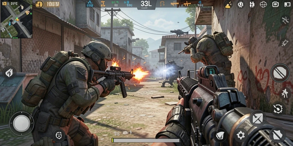 Tampilan gameplay FPS yang intens di 33L dengan aksi menembak yang mendebarkan.
