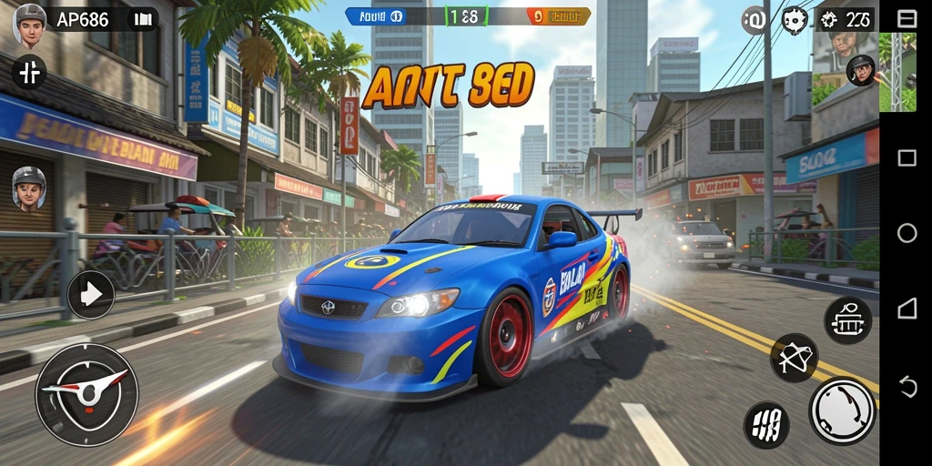 Tampak depan gameplay balap yang mendebarkan dan seru.