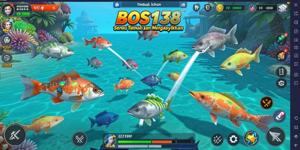 Screenshot gameplay <strong>BOS138</strong> dengan ikan berwarna-warni di bawah laut.