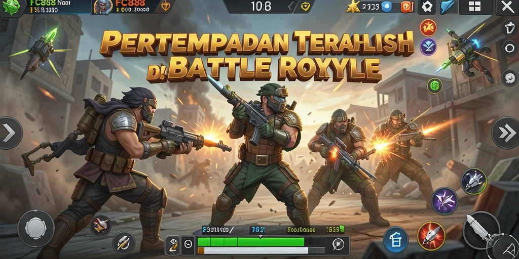 Tangkapan layar utama FC888 menampilkan aksi pertempuran Battle Royale yang mendebarkan.