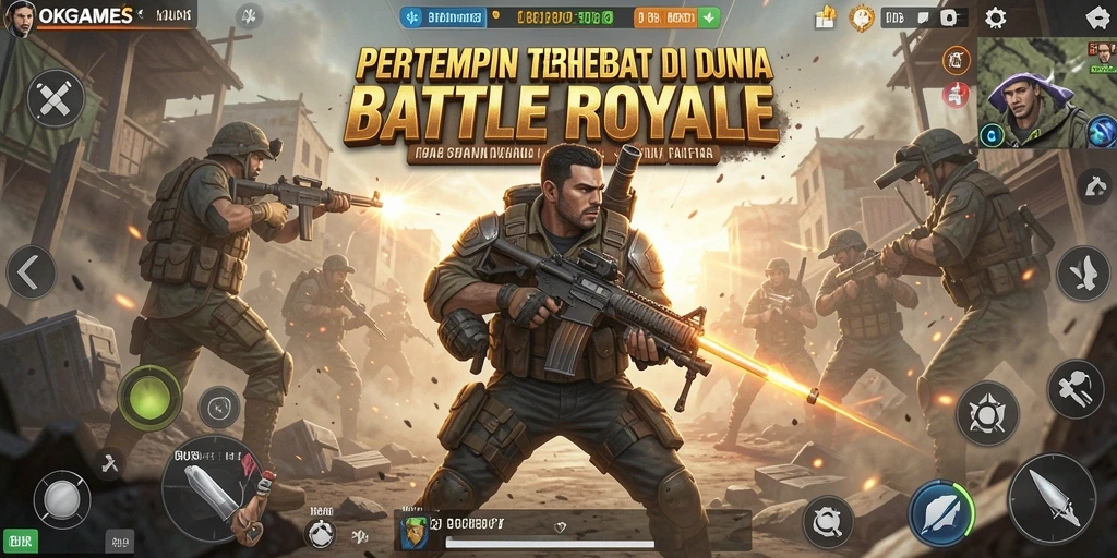 Screenshot gameplay OKGAMES menampilkan aksi pertempuran sengit dalam lingkungan Battle Royale.
