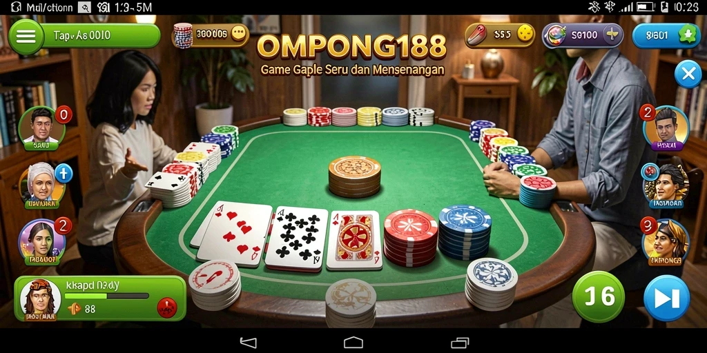 Tampilan screenshot OMPONG188 menunjukkan gameplay Gaple yang seru dan interaktif.