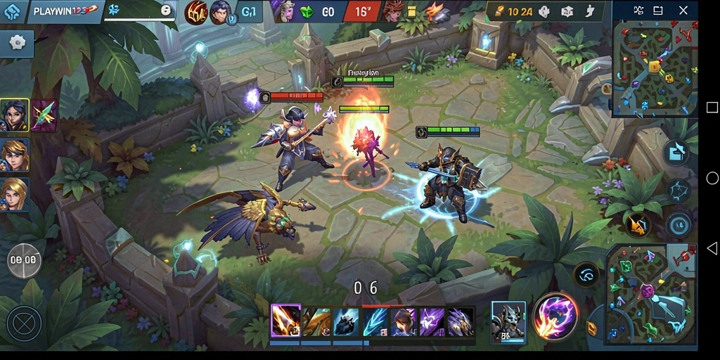Tangkapan layar gameplay PLAYWIN123 yang menunjukkan pertarungan tim yang mendebarkan.