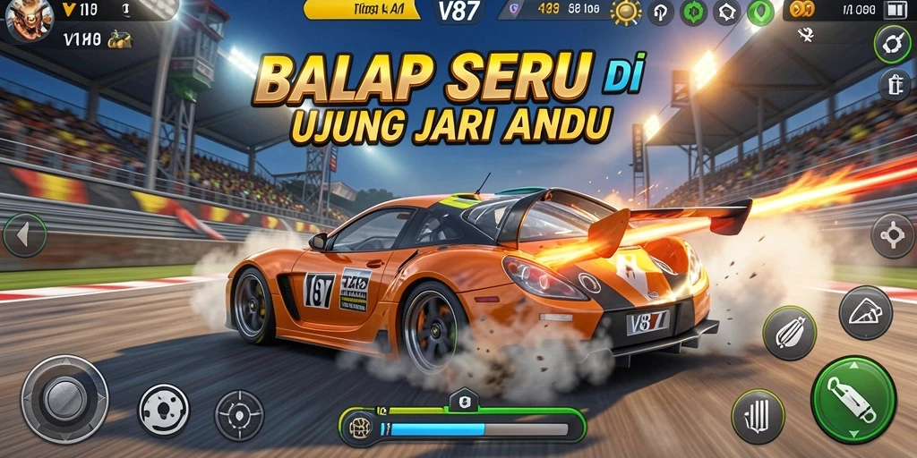 Screenshot utama V87 menampilkan aksi balap yang mendebarkan.