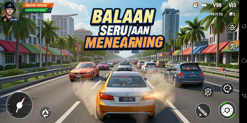 Tampilan menarik dari gameplay balapan V98 dengan mobil yang sedang berlomba.
