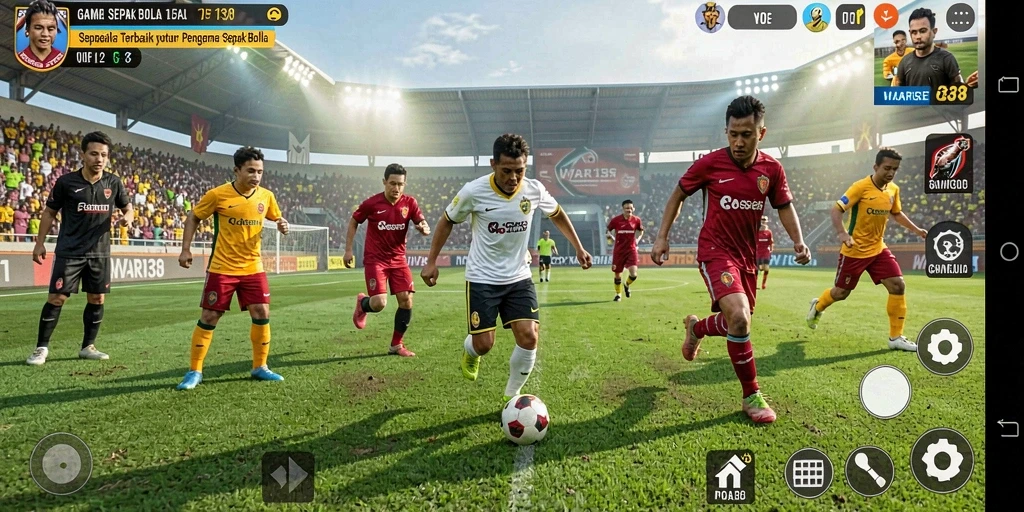 Screenshot gameplay WAR138 menampilkan pertandingan sepak bola yang mendebarkan.